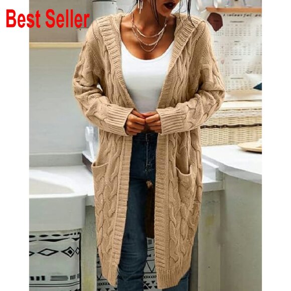 Cable Knit Long Sleeve Sweater Cardigan Open Front Hooded Cozy Chic - Picture 3 of 5